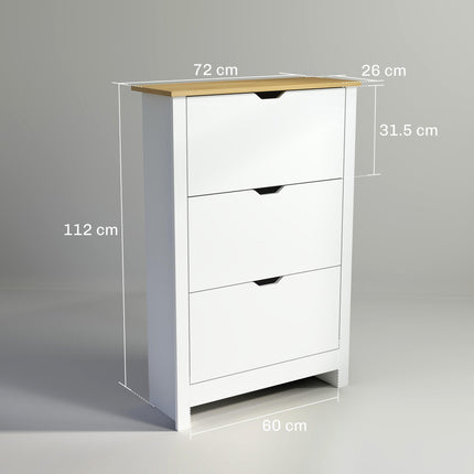 Slim Narrow Shoe Cabinet with 3 Flip Drawers and Adjustable Shelves for 18 Pairs of Shoes - High Gloss White