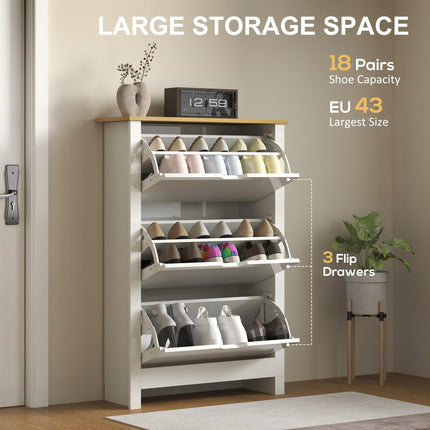 Slim Narrow Shoe Cabinet with 3 Flip Drawers and Adjustable Shelves for 18 Pairs of Shoes - High Gloss White