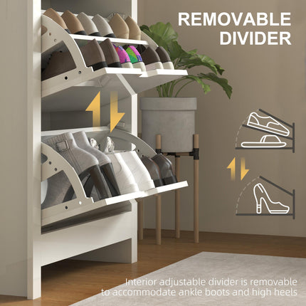 Slim Narrow Shoe Cabinet with 3 Flip Drawers and Adjustable Shelves for 18 Pairs of Shoes - High Gloss White