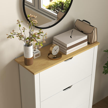 Slim Narrow Shoe Cabinet with 3 Flip Drawers and Adjustable Shelves for 18 Pairs of Shoes - High Gloss White