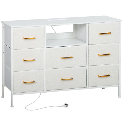 Boucle Chest of Drawers 8 Fabric Drawers with Charging Station 2 USB 2 AC Ports - Cream White