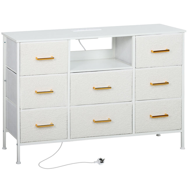 Boucle Chest of Drawers 8 Fabric Drawers with Charging Station 2 USB 2 AC Ports - Cream White