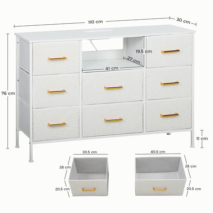 Boucle Chest of Drawers 8 Fabric Drawers with Charging Station 2 USB 2 AC Ports - Cream White