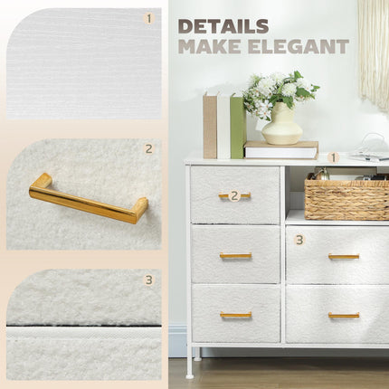 Boucle Chest of Drawers 8 Fabric Drawers with Charging Station 2 USB 2 AC Ports - Cream White