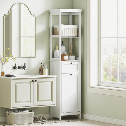 Tall Bathroom Cabinet, with Laundry Basket - White