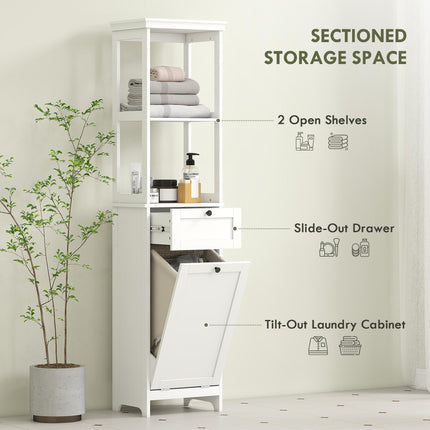 Tall Bathroom Cabinet, with Laundry Basket - White