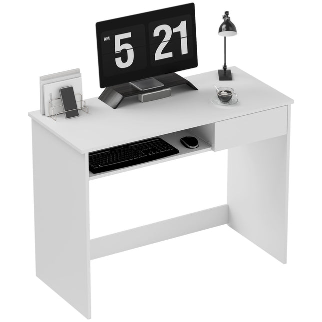 100cm Compact Computer Desk with Keyboard Tray, Home Office Desk with Drawer for