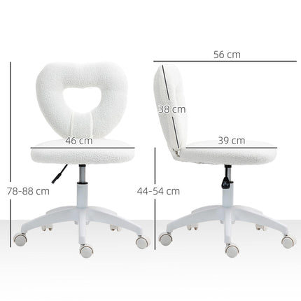Armless Heart-Shaped Swivel Computer Desk Chair with Height Adjustment and Wheels - White