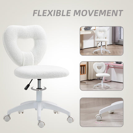 Armless Heart-Shaped Swivel Computer Desk Chair with Height Adjustment and Wheels - White