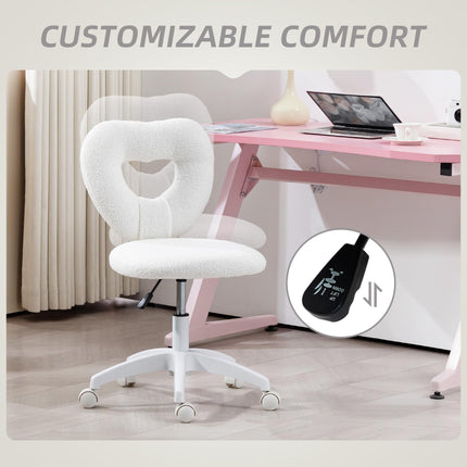 Armless Heart-Shaped Swivel Computer Desk Chair with Height Adjustment and Wheels - White