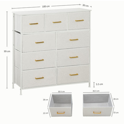 Chest of Drawers with 9 Boucle Fabric Drawers and Steel Frame - Cream White
