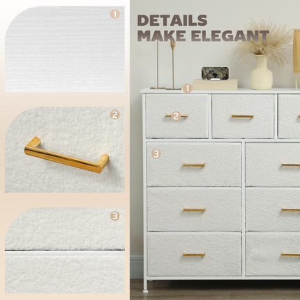 Chest of Drawers with 9 Boucle Fabric Drawers and Steel Frame - Cream White