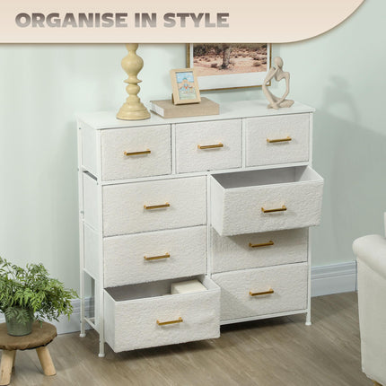 Chest of Drawers with 9 Boucle Fabric Drawers and Steel Frame - Cream White