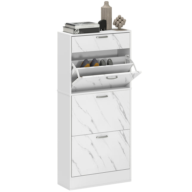 Marble Shoe Storage Cabinet with 3 Flip Drawers, Top Drawer & Adjustable Shelves for 18 Pairs - White