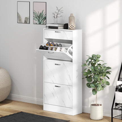 Marble Shoe Storage Cabinet with 3 Flip Drawers, Top Drawer & Adjustable Shelves for 18 Pairs - White