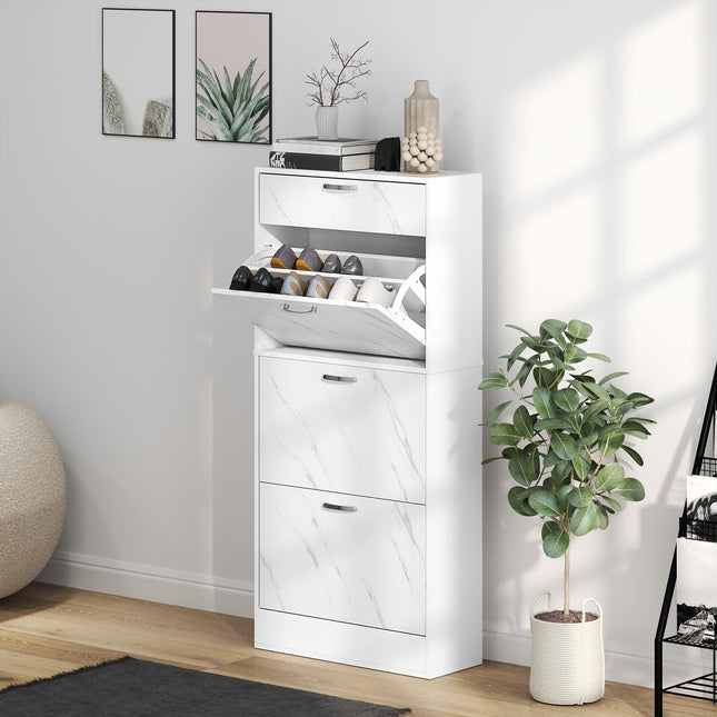 Marble Shoe Storage Cabinet with 3 Flip Drawers, Top Drawer & Adjustable Shelves for 18 Pairs - White