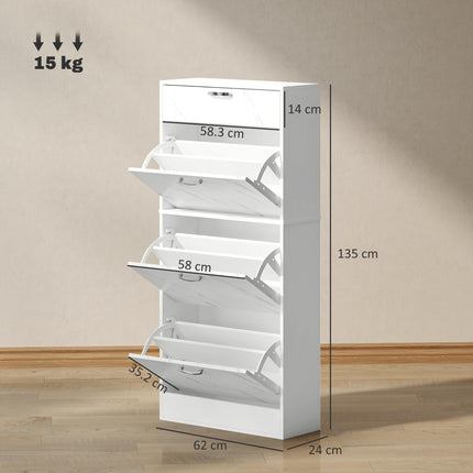 Marble Shoe Storage Cabinet with 3 Flip Drawers, Top Drawer & Adjustable Shelves for 18 Pairs - White