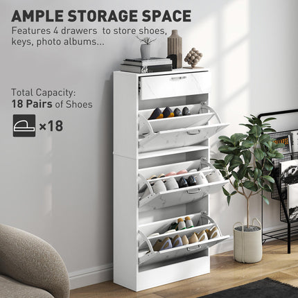 Marble Shoe Storage Cabinet with 3 Flip Drawers, Top Drawer & Adjustable Shelves for 18 Pairs - White