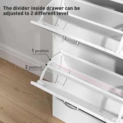 Marble Shoe Storage Cabinet with 3 Flip Drawers, Top Drawer & Adjustable Shelves for 18 Pairs - White