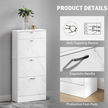 Marble Shoe Storage Cabinet with 3 Flip Drawers, Top Drawer & Adjustable Shelves for 18 Pairs - White