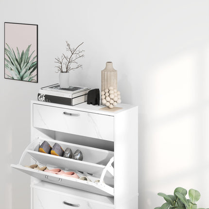 Marble Shoe Storage Cabinet with 3 Flip Drawers, Top Drawer & Adjustable Shelves for 18 Pairs - White