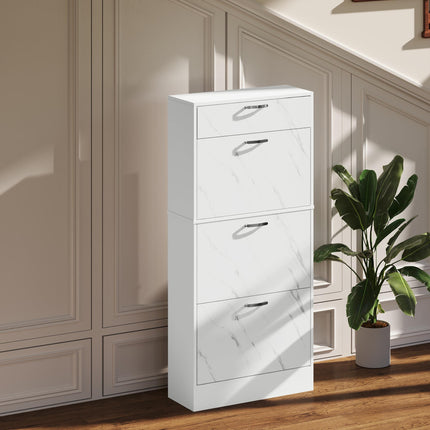 Marble Shoe Storage Cabinet with 3 Flip Drawers, Top Drawer & Adjustable Shelves for 18 Pairs - White