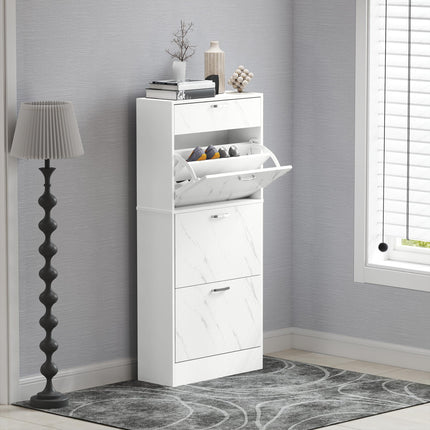 Marble Shoe Storage Cabinet with 3 Flip Drawers, Top Drawer & Adjustable Shelves for 18 Pairs - White