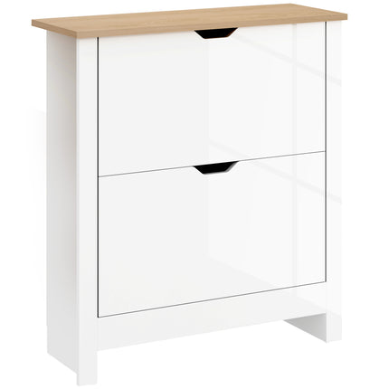 Slim Shoe Cabinet with 2 Flip Drawers and Adjustable Shelves for 12 Pairs - High Gloss White