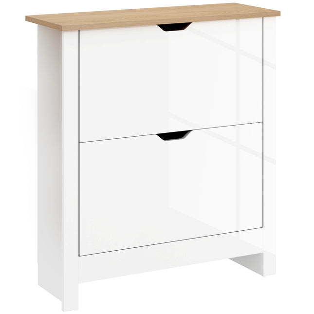 Slim Shoe Cabinet with 2 Flip Drawers and Adjustable Shelves for 12 Pairs - High Gloss White