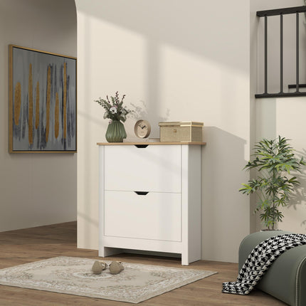 Slim Shoe Cabinet with 2 Flip Drawers and Adjustable Shelves for 12 Pairs - High Gloss White