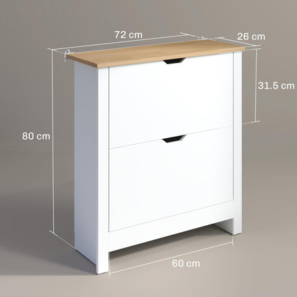 Slim Shoe Cabinet with 2 Flip Drawers and Adjustable Shelves for 12 Pairs - High Gloss White