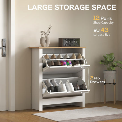 Slim Shoe Cabinet with 2 Flip Drawers and Adjustable Shelves for 12 Pairs - High Gloss White
