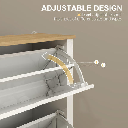 Slim Shoe Cabinet with 2 Flip Drawers and Adjustable Shelves for 12 Pairs - High Gloss White