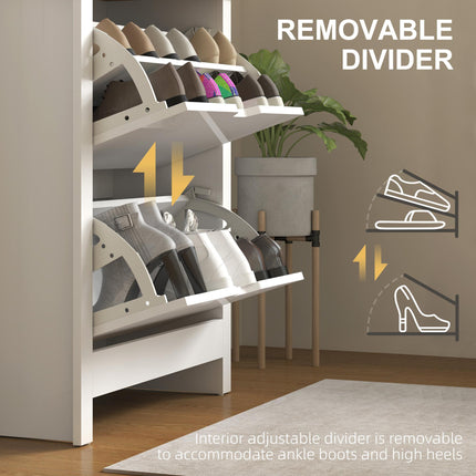 Slim Shoe Cabinet with 2 Flip Drawers and Adjustable Shelves for 12 Pairs - High Gloss White