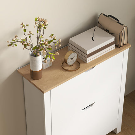 Slim Shoe Cabinet with 2 Flip Drawers and Adjustable Shelves for 12 Pairs - High Gloss White