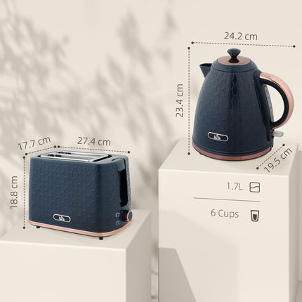 1.7L 3000W Fast Boil Kettle & 2 Slice Toaster Set with Auto Shut Off and Browning Controls - Blue