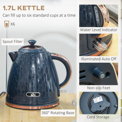 1.7L 3000W Fast Boil Kettle & 2 Slice Toaster Set with Auto Shut Off and Browning Controls - Blue