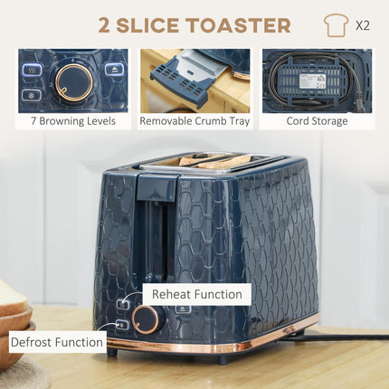 1.7L 3000W Fast Boil Kettle & 2 Slice Toaster Set with Auto Shut Off and Browning Controls - Blue