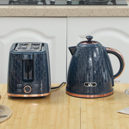 1.7L 3000W Fast Boil Kettle & 2 Slice Toaster Set with Auto Shut Off and Browning Controls - Blue