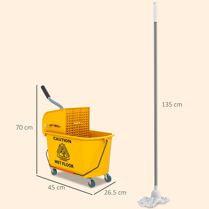 20 Litre Mop Bucket with Side Press Wringer and Wheels for Floor Cleaning - Yellow