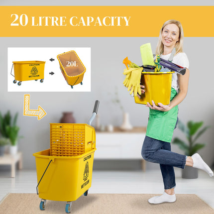 20 Litre Mop Bucket with Side Press Wringer and Wheels for Floor Cleaning - Yellow