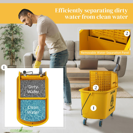 20 Litre Mop Bucket with Side Press Wringer and Wheels for Floor Cleaning - Yellow