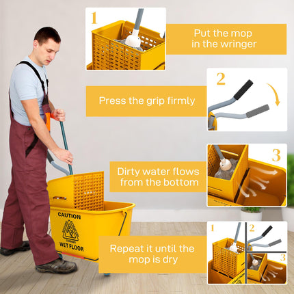 20 Litre Mop Bucket with Side Press Wringer and Wheels for Floor Cleaning - Yellow