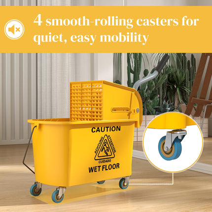 20 Litre Mop Bucket with Side Press Wringer and Wheels for Floor Cleaning - Yellow