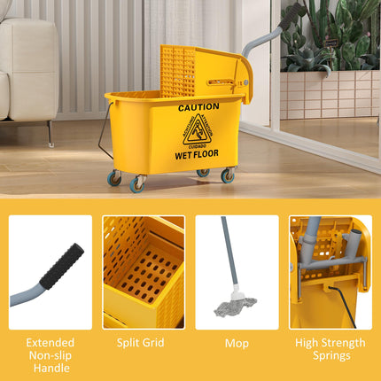 20 Litre Mop Bucket with Side Press Wringer and Wheels for Floor Cleaning - Yellow
