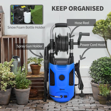 1800W High Pressure Washer with Adjustable Nozzle & Hose Reel - Blue