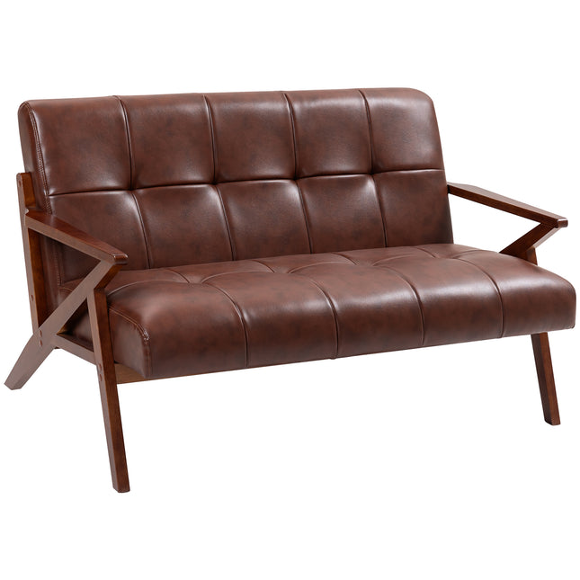 Compact 2 Seater Sofa, Vintage Tufted Loveseat Sofa with Solid Wood Legs, PU Lea