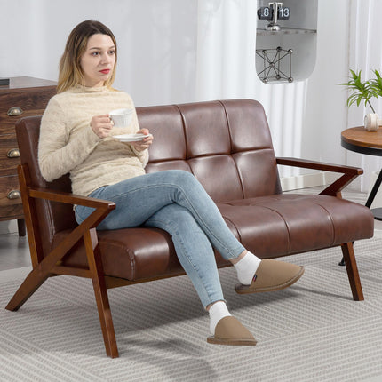 Compact 2 Seater Sofa, Vintage Tufted Loveseat Sofa with Solid Wood Legs, PU Lea