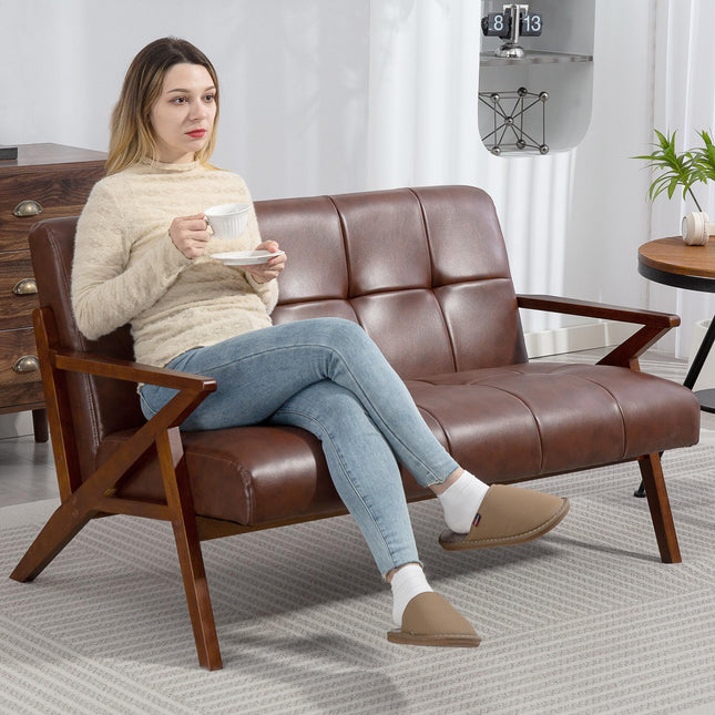 Compact 2 Seater Sofa, Vintage Tufted Loveseat Sofa with Solid Wood Legs, PU Lea
