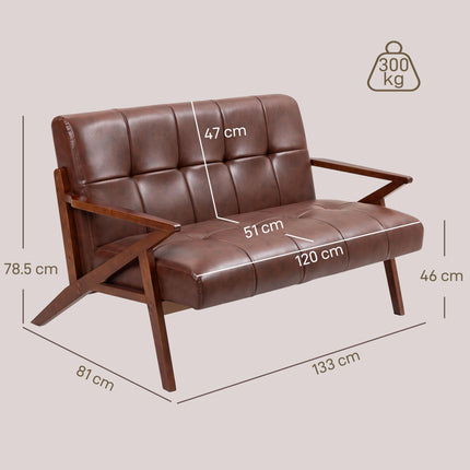 Compact 2 Seater Sofa, Vintage Tufted Loveseat Sofa with Solid Wood Legs, PU Lea